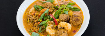 Red curry prawns with pork beef meatballs with red quinoa and brown rice in coconut cream Gary Lum