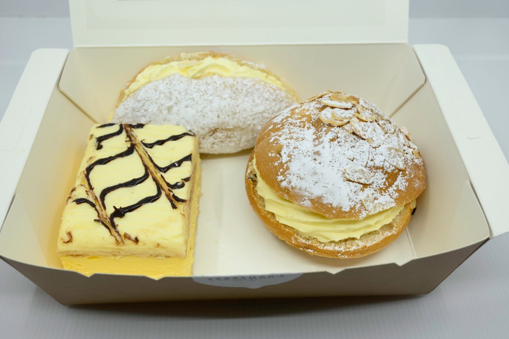 Pastries from Perryman's Artisan Bakery. Apple turnover, Bee sting bun, and Vanilla slice.