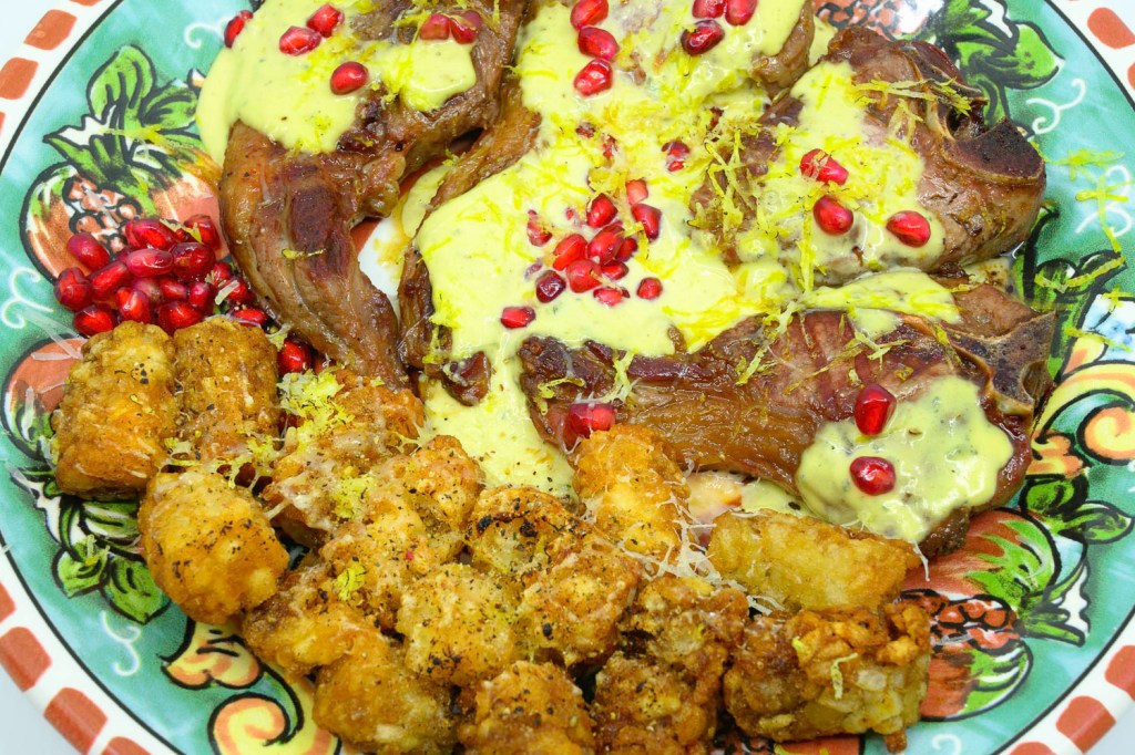 Local South Australian lamb chops cooked on a Weber Q+ grill with potato gems cooked in beef fat. Served with blue vein cheese sauce with pomegranate arils and lemon zest.
