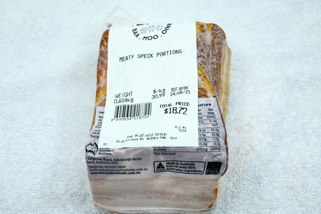 Barossa speck in its packaging along with the price ($18.72) and best before date.