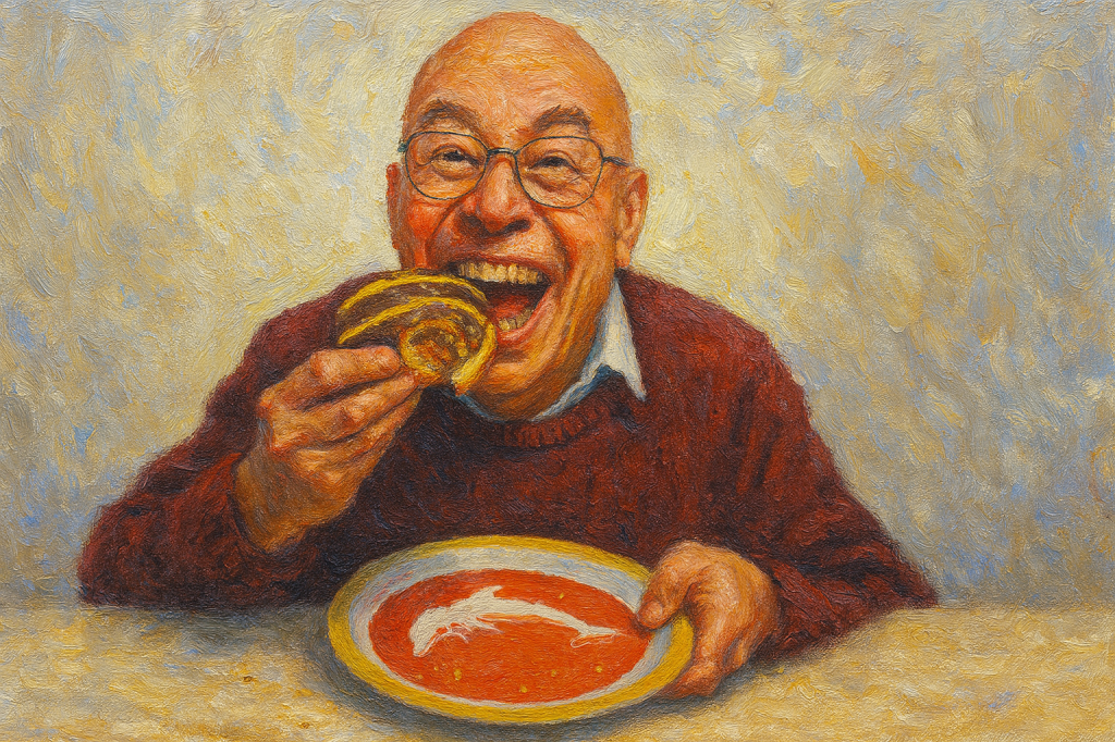 Image with oil painting texture of me eating this salted caramel Berliner on a Dolphins NRL plate. Eating with gusto, a broad toothy grin, and happiness in my eyes. Landscape 16:9 aspect ratio.