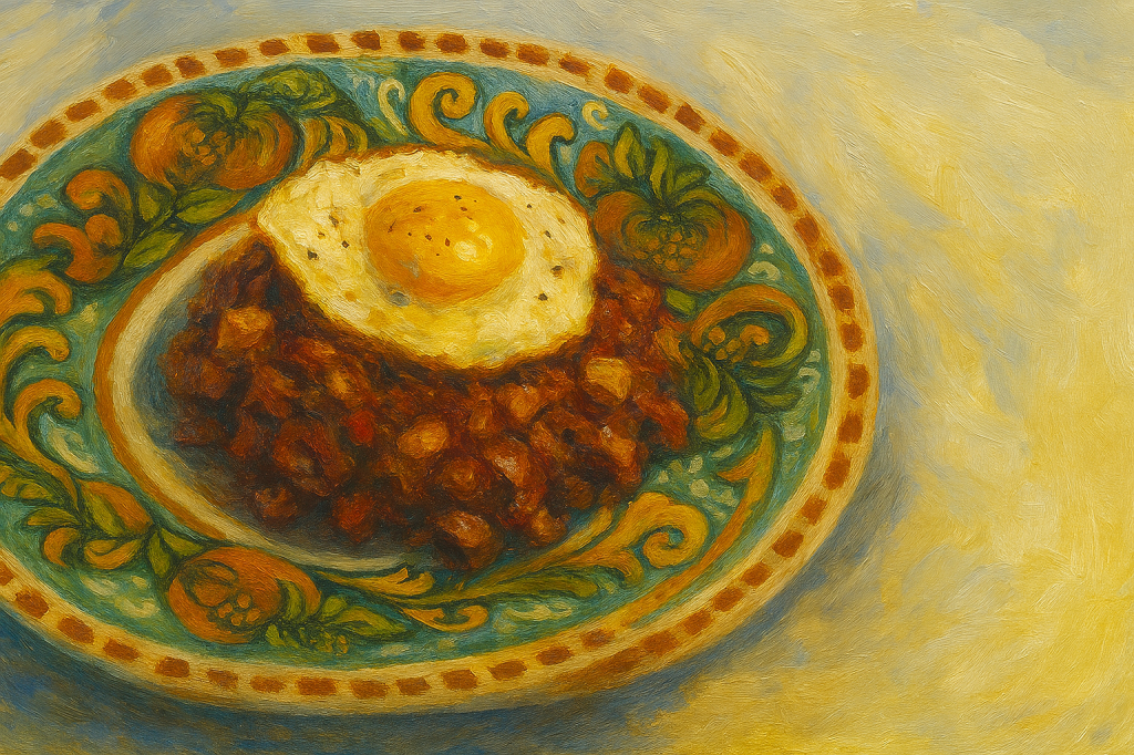 Microsoft Copilot generated image of a floral plate featuring pomegranates with corned beef hash topped with a fried egg.