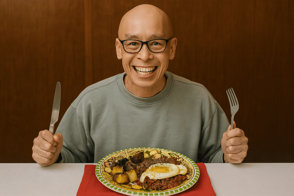 Microsoft Copilot generated image of me and a plate of corned beef hash with an egg fried in butter plus a parboiled potato deep fried in beef fat. I'm holding a knife and fork. I have a toothy grin and happiness in my eyes.