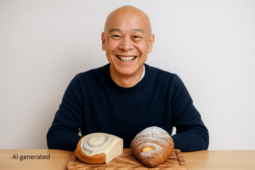 Microsoft Copilot generated image of Gary and Cannelle French Pastry custard croissant and cinnamon scroll.