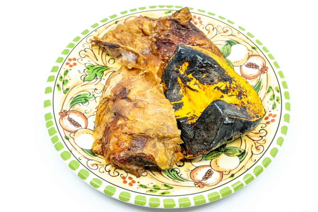 Slowly roasted lamb shoulder with roast pumpkin