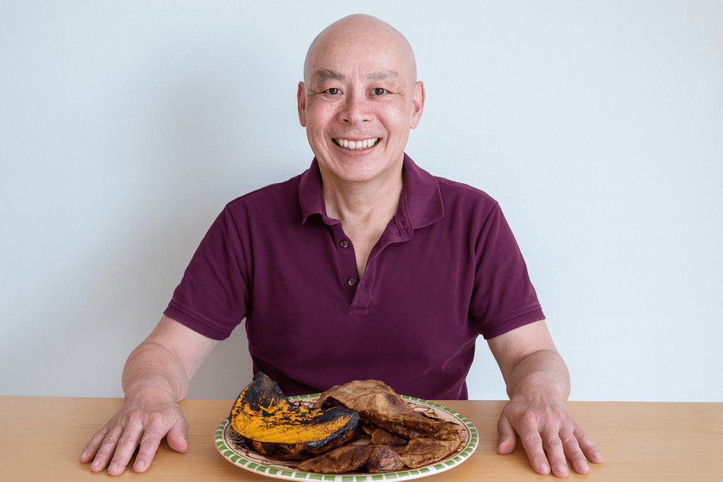 Me with a plate of lamb shoulder and pumpkin generated by Microsoft Copilot.