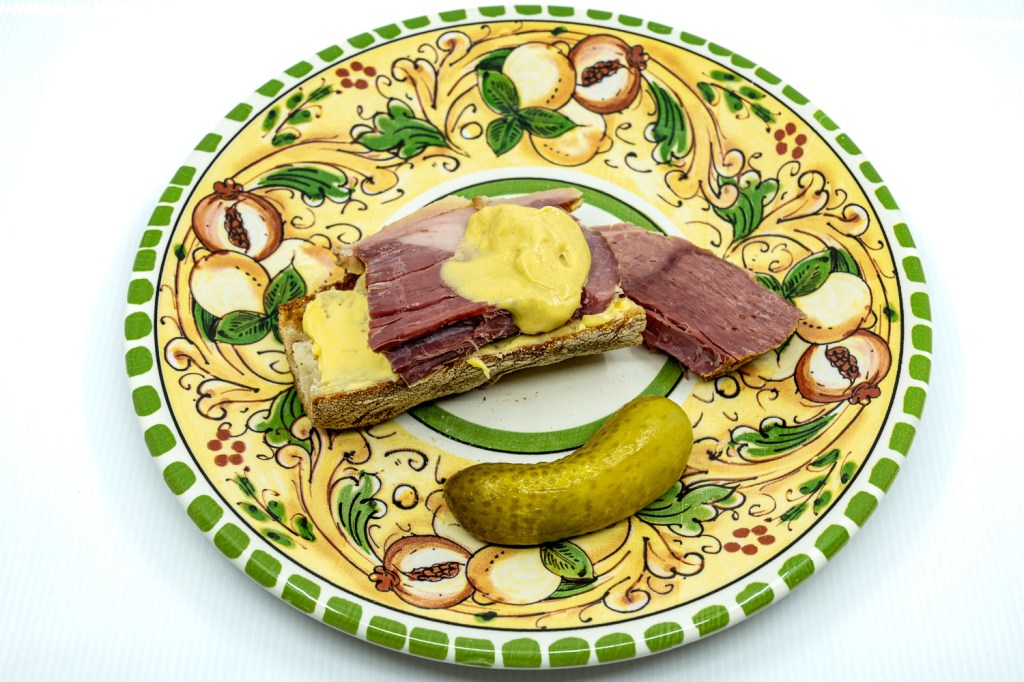 Corned beef silverside with pickle, mustard, and sourdough bread