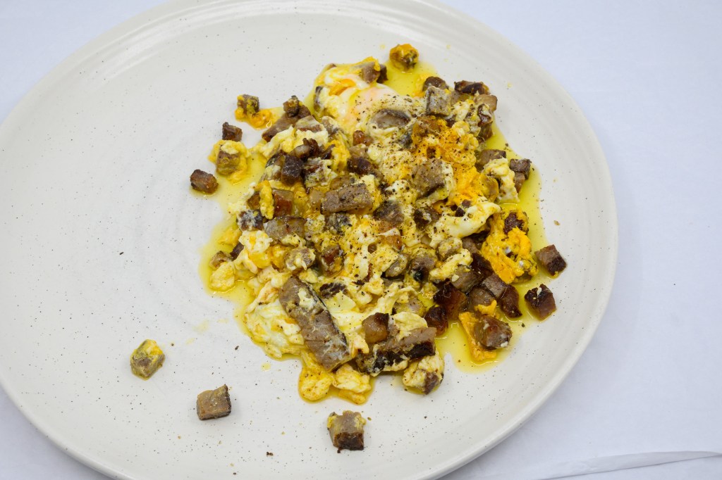 Leftover scotch fillet steak and eggs