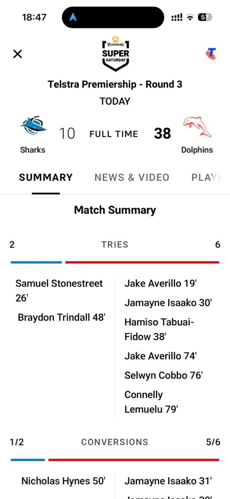 Screenshot of the results for the National Rugby League game 21 March 2026 between the Dolphins and Sharks. It was played at Shark Park in Cronulla Sutherland shire, NSW. Full time Dolphins 🐬 defeated Sharks 🦈 38:10