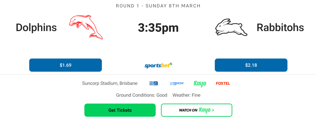 Screenshot from MacBook from nrl.com of the Dolphins versus South Sydney game being played at Lang Park in Brisbane Sunday 8 March 2026.
