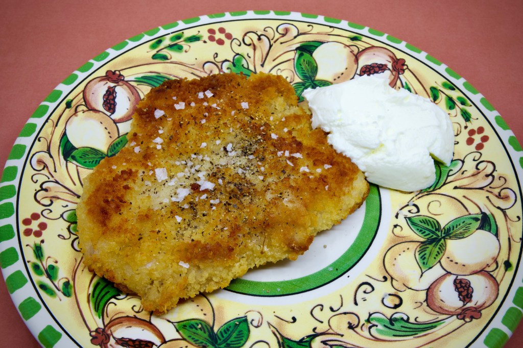 Crumbed chicken thigh with Greek-style yoghurt.