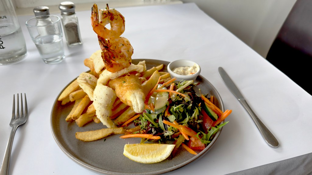 Secrets Trio King George Whiting, skewered prawns, and calamari at Secrets by the Sea
