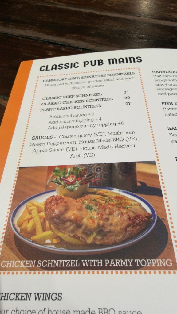 Hahndorf Inn menu showing schnitzels