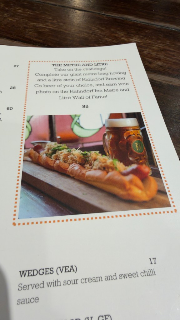 Hahndorf Inn menu showing the metre-and-litre challenge