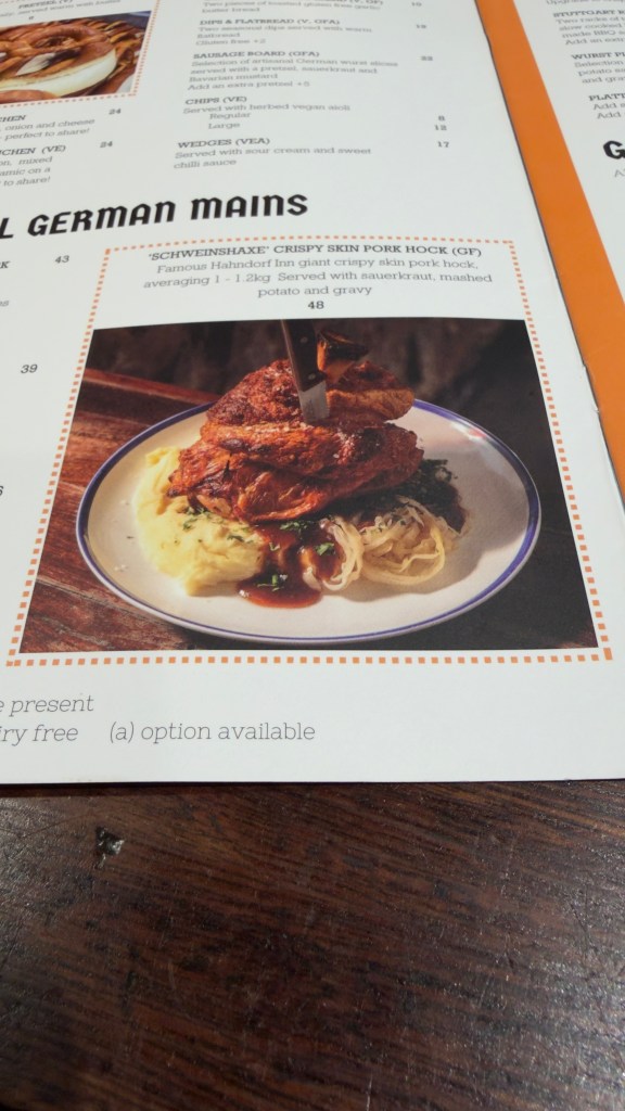 Hahndorf Inn menu showing crispy skin pork hock