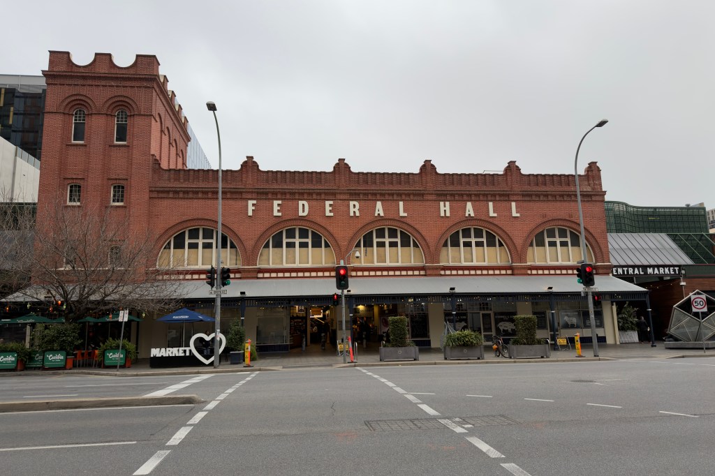 A photograph of the front of the Adelaide Central Market (Federal Hall).