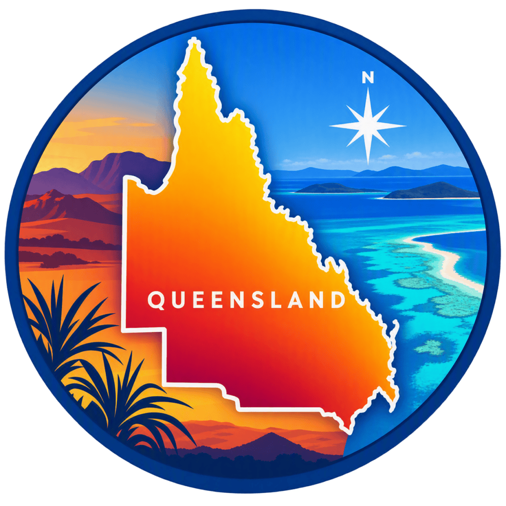 A Microsoft Copilot generated image of a map of Queensland with a compass point for North. On the right is a coral reef beach scene in blue and on the left a Great Dividing Range scene in orange.